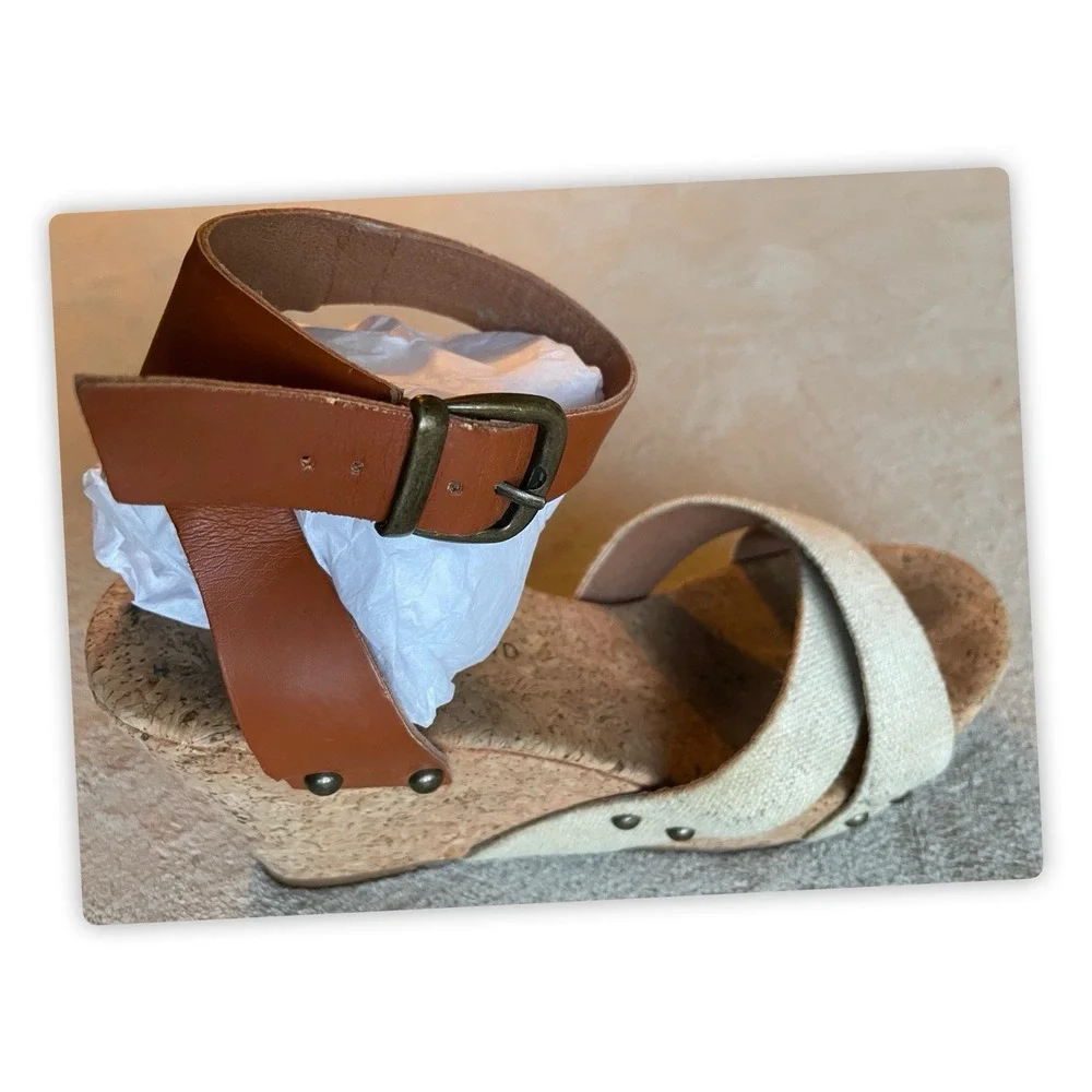 Lucky Brand Marla Cork Wedge Sandals Beige Tan Shoes Elastic Back Size 9.5Medium